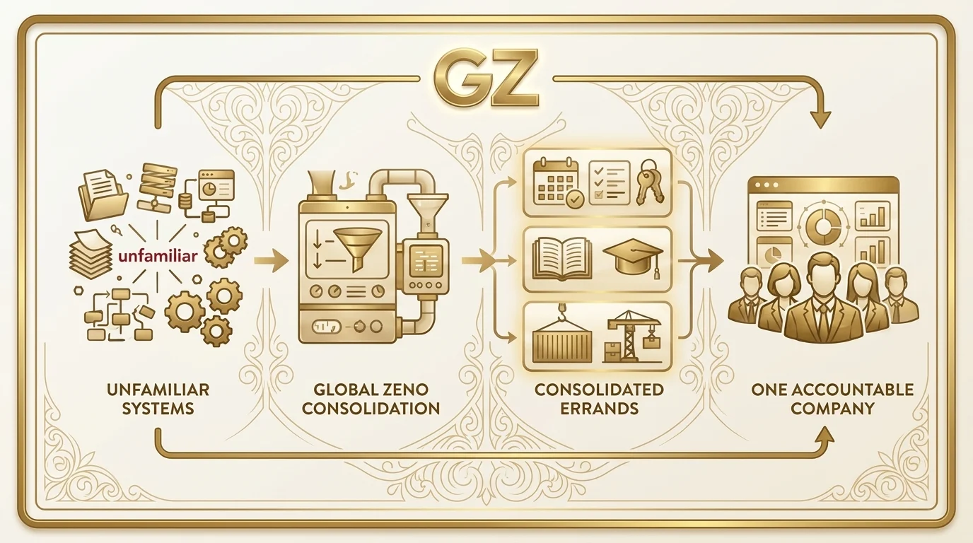 Diagram: unfamiliar systems feed into Global Zeno consolidation, which turns them into consolidated errands handled by one accountable company.