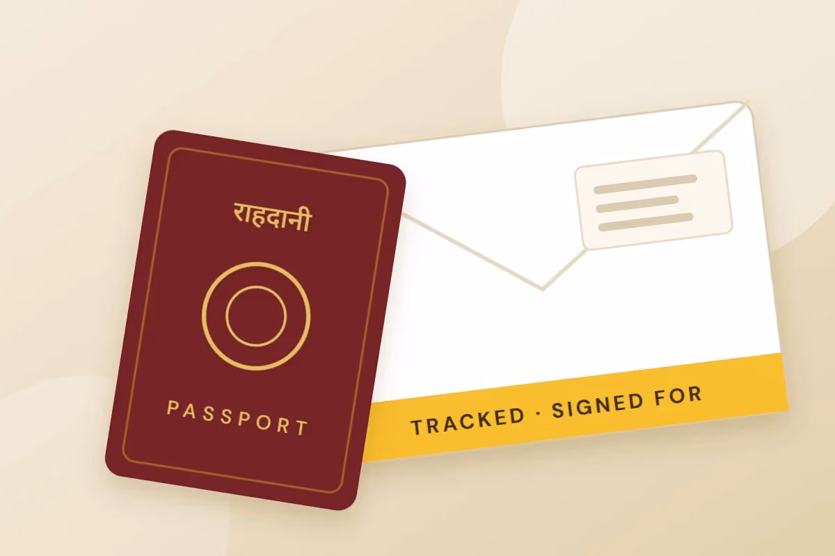Illustration of a Nepali passport beside a tracked, signed-for envelope
